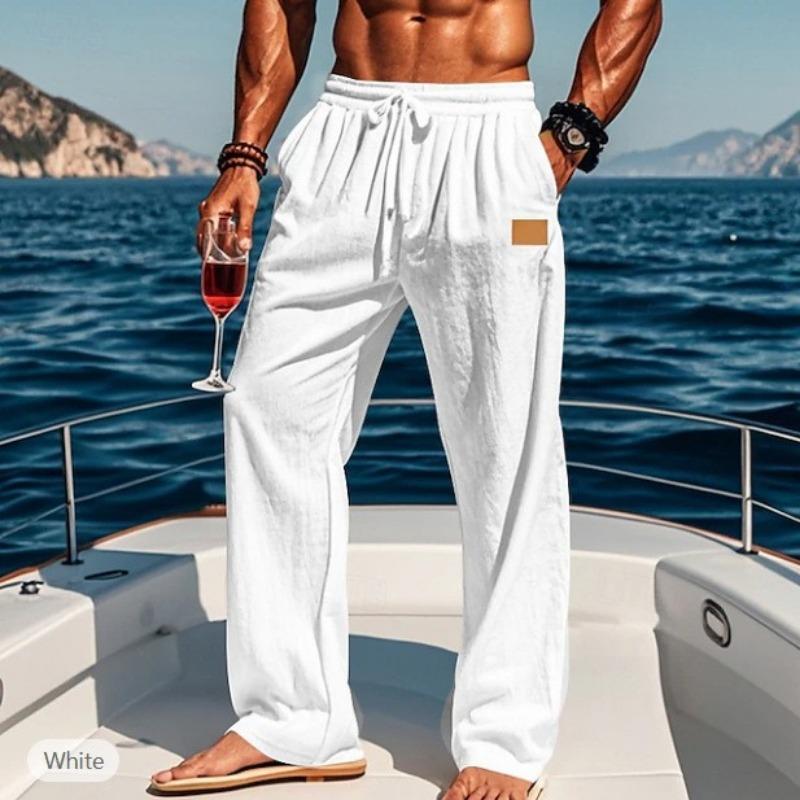 Mens Casual Drawstring Linen Wide Leg Pants With Pockets S белый