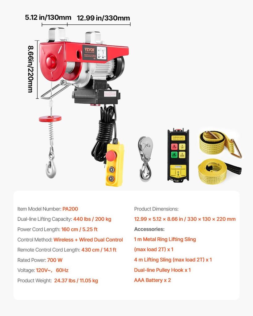 Electric Hoist Crane Winch 440 lbs 328 ft Wireless & 14 ft Wired Remote