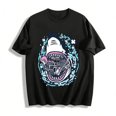 Rock Shark Band Instrument Print Cool Streetwear T-Shirt Pure Cotton T-shirt