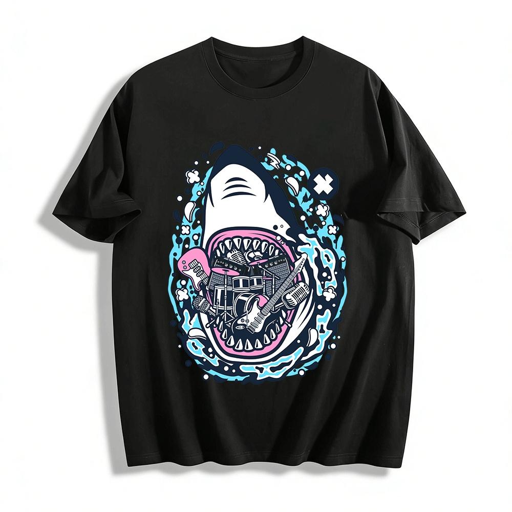 Rock Shark Band Instrument Print Cool Streetwear T-Shirt Pure cotton T-shirt XXS