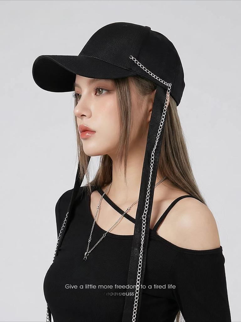 Women 2026 Spring New Chain Streamer Black Satin Baseball Cap Hard Top Shows Small Face Sun Peaked Cap