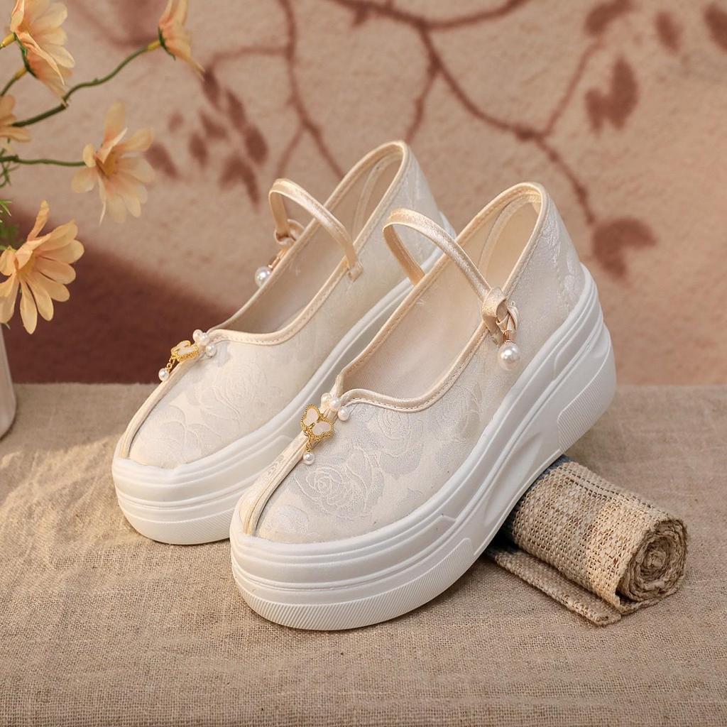 Women's Ancient Style Hanfu Shoes - Thick-Soled, Height-Increasing, Comfortable Chinese Embroidered Cloth Footwear