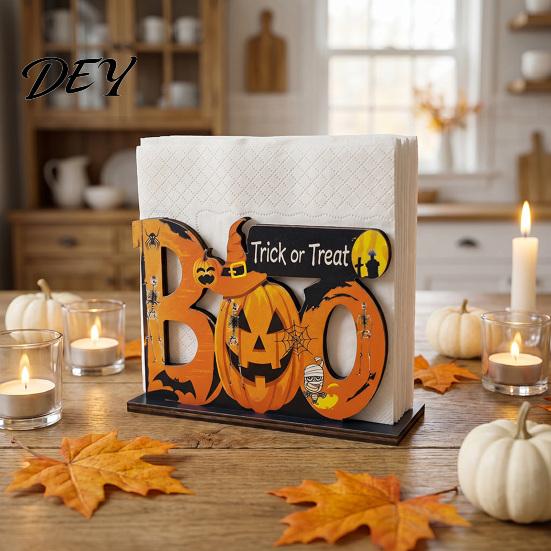 Wooden Paper Towel Dispenser Halloween Napkin Holder, Ghost Pumpkin Decorative Tabletop Tissue Dispenser, Spooky Party Accessories Storage Organizer