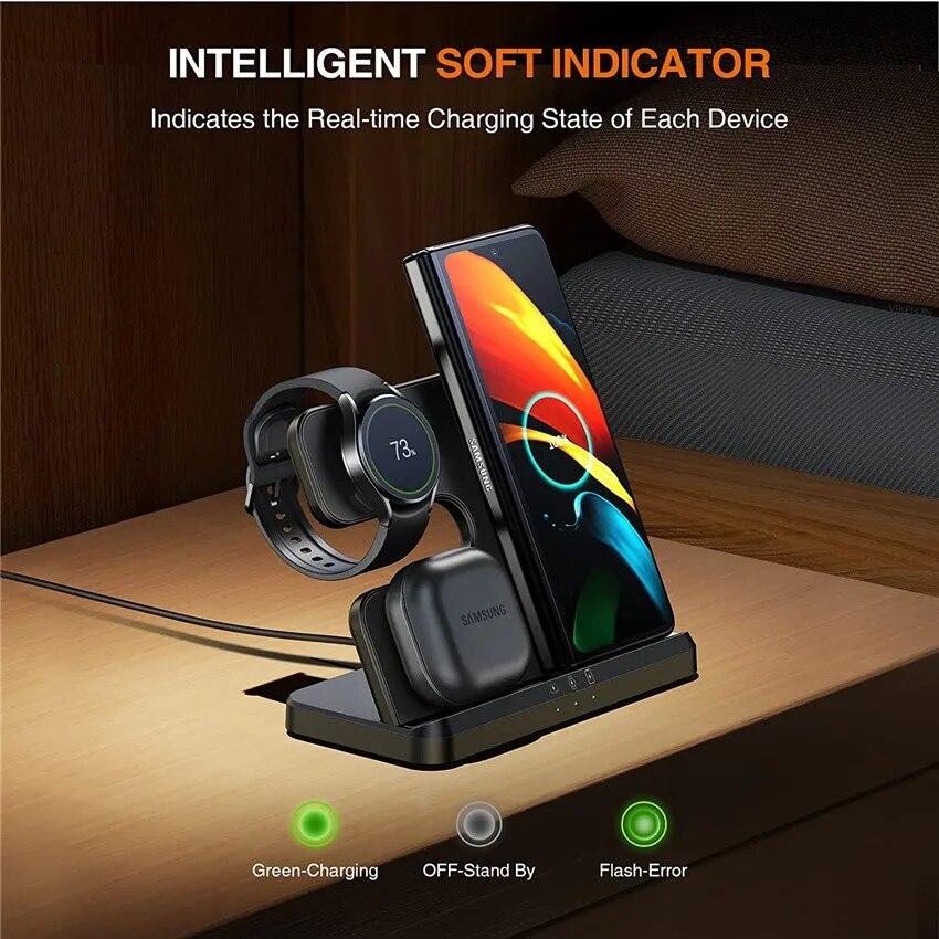 15W 3 In 1 Wireless Charger Stand  Fast Charging Dock Station for Samsung Z Fold 3 S21 S20 Galaxy Watch 5 4 Active S3 S4 Buds
