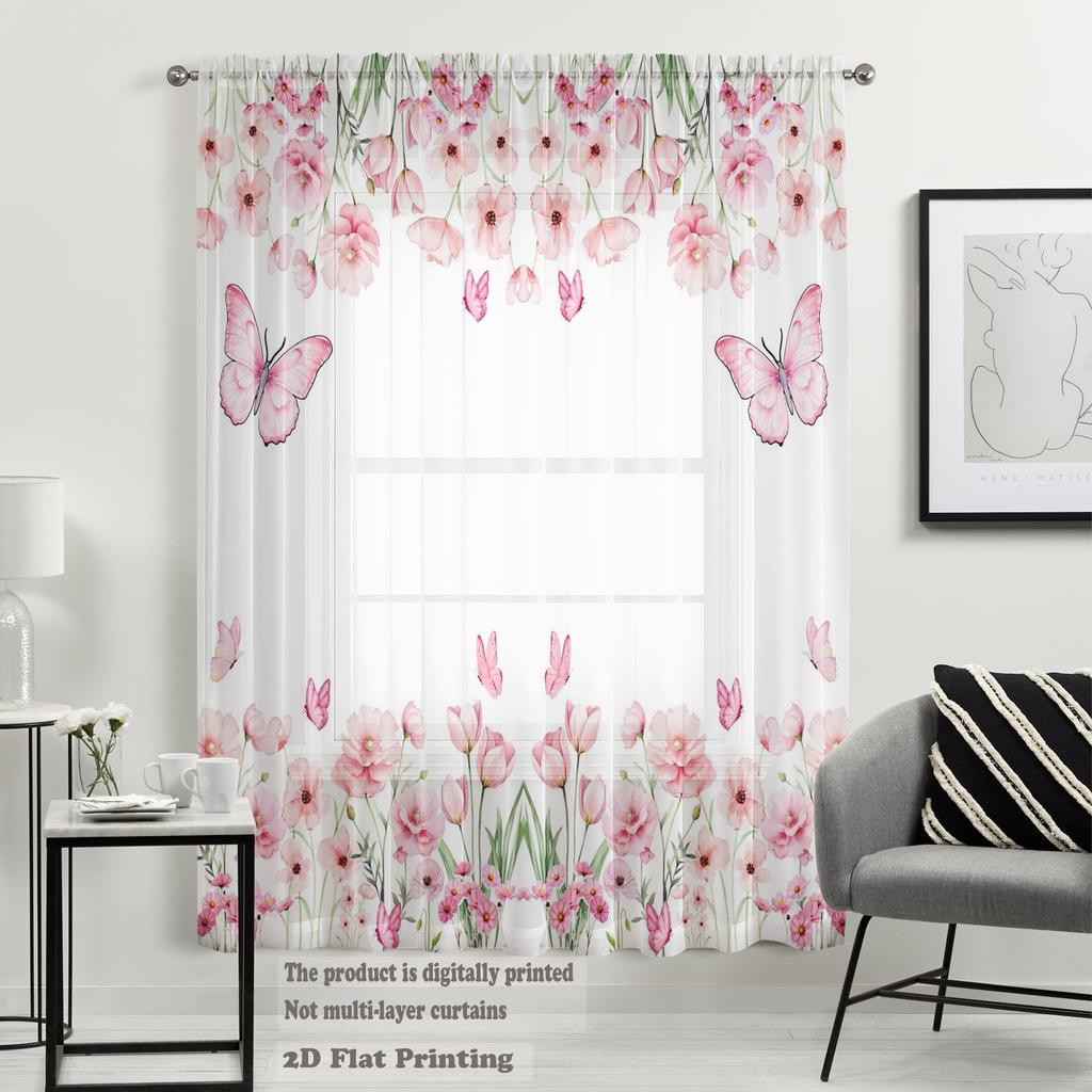 Pink Butterfly Sheer Curtain - Soft Sweet Romantic Style   Spring-Themed Decorative Sheer Curtain for Living Room and Bedroom