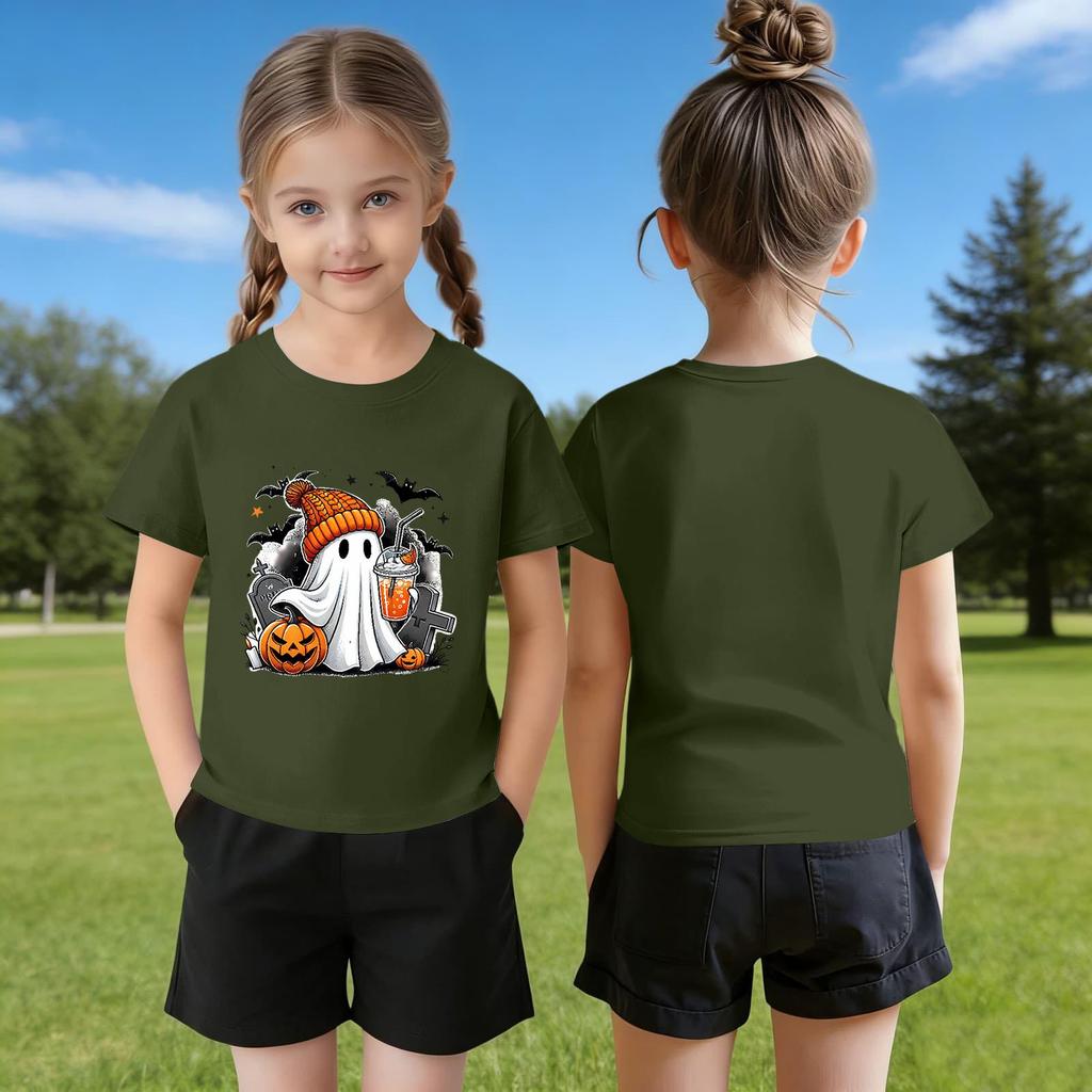 Kids' Halloween Printed Short Sleeve Neck T-Shirt, Loose Fit Top