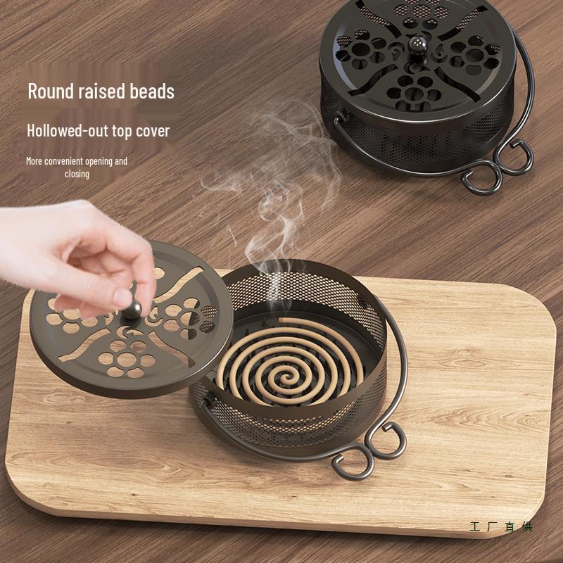Portable Fireproof Retro Mosquito Coil Burner with Lid - Outdoor Anti-Scald Sandalwood Holder Tray
