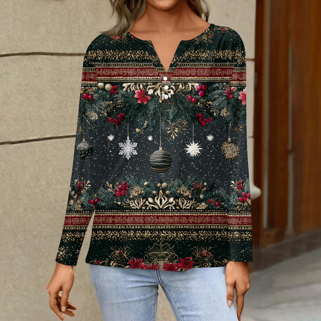 Women's Fashion Casual H Printed V-Neck Long Sleeve Decorative Button T-Shirt Tops