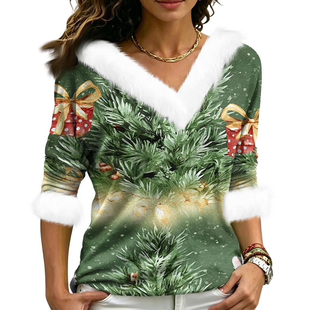 Women's Christmas V-Neck Top Elegant Cut for Party Date and Casual Wear