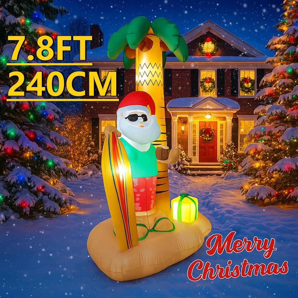7.8FT LED Inflatable Xmas Yard Decor Beach Style Santa Claus Surfboard Palm Tree Christma Decoration Supplie Ornaments Toy Gifts