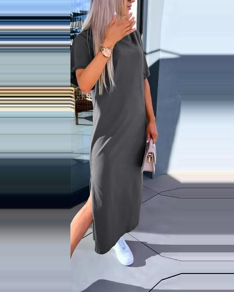 Women's Solid-Color Short-Sleeve Round-Neck Split-Hem Dress for Summer and Fall