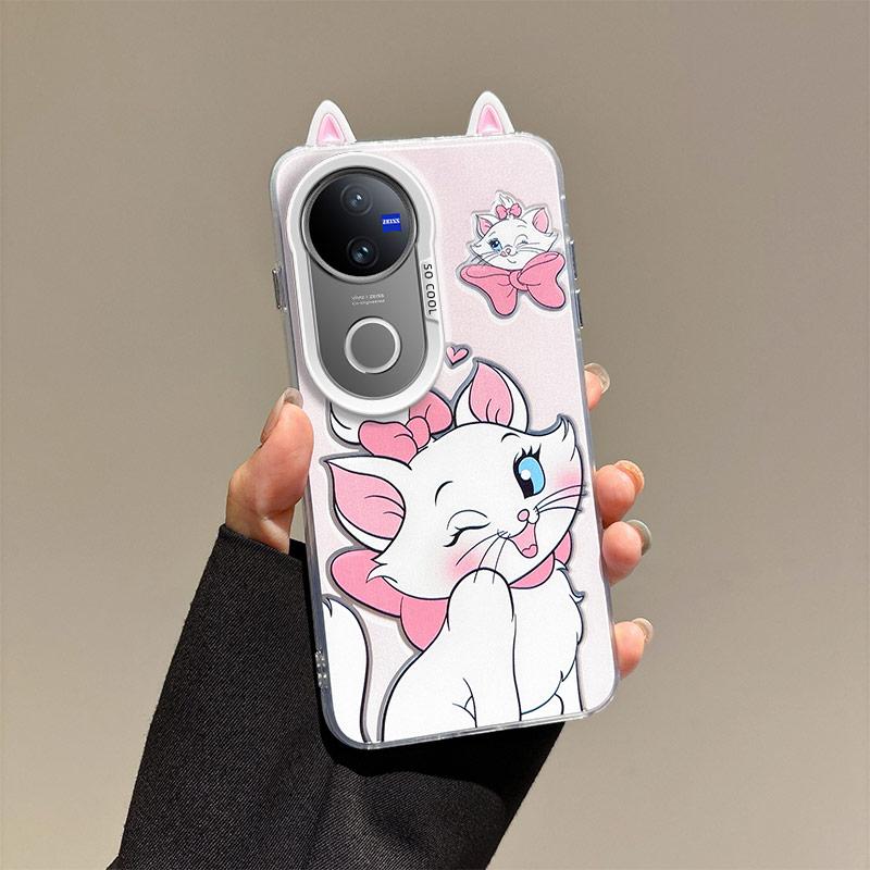 KEYSION Cute Ear Cartoon Case for VIVO V50 5G with Lanyard Soft Silicone+PC Shockproof Phone Back Cover for VIVO V50