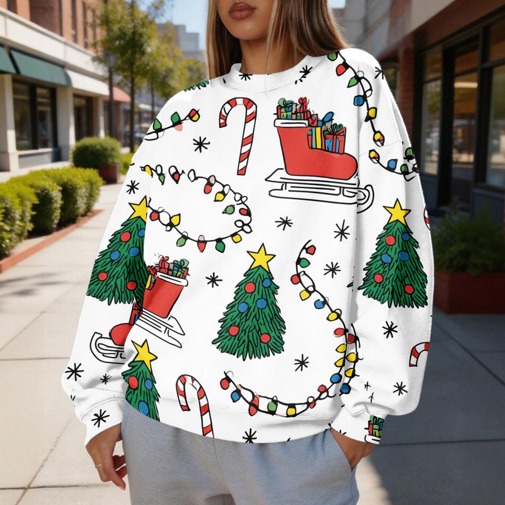 Women's Christmas Print Crewneck Sweatshirt Lightweight Casual Pullover for Holiday