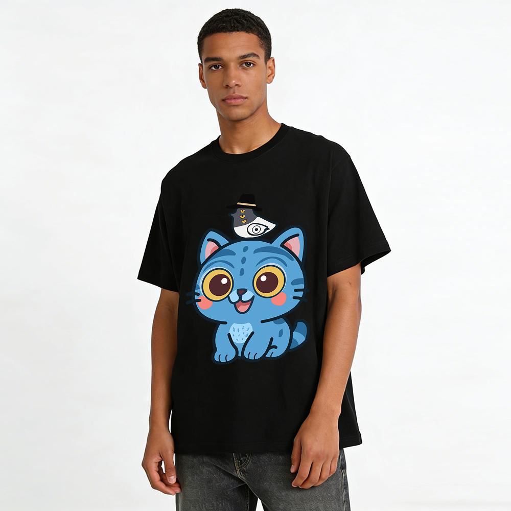 Funny Cat Print Kids Casual Top, Quirky Fish Cat Pattern Loose Comfortable Daily T-Shirt For Boys Girls Pure cotton T-shirt