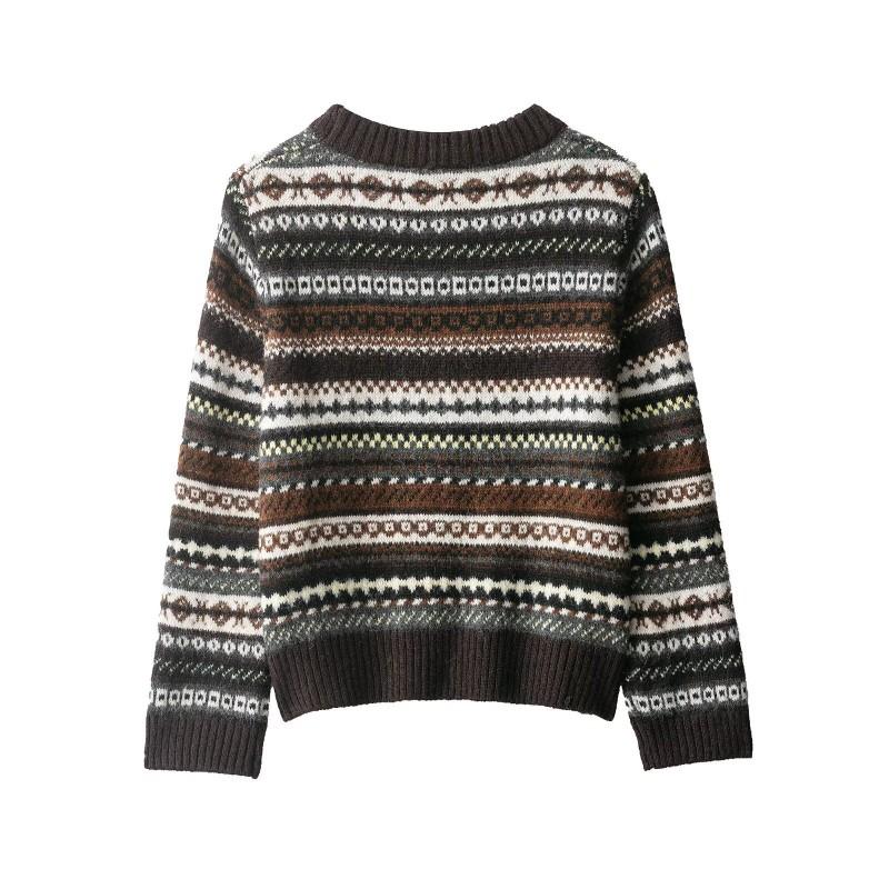 Womens Street Style Knit Sweater With Jacquard Round Neck Long Sleeve Fall 2025