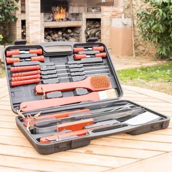 Malette d'ustensiles pour barbecue - InnovaGoods Kit Barbecue - 18 pièces - Inox & bois - Portable compact