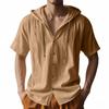 Men's Solid-color Casual Short-sleeved Shirt with A Hooded Drawstring Cotton Cardigan Is Trendy, Versatile and Loose