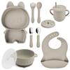 Baby Silicone Dinnerware Set: Silicone Bowl, Cartoon Plate, Bib, Divided Stainless Steel Spoon, Fork, Cup.
