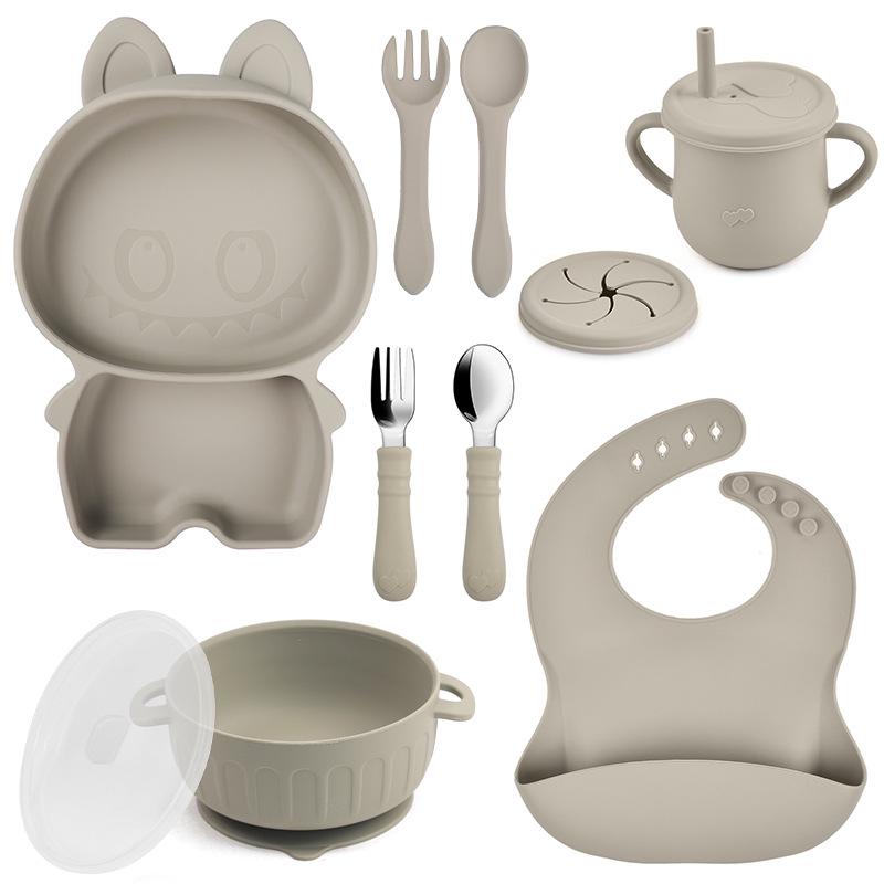 Baby Silicone Dinnerware Set: Silicone Bowl, Cartoon Plate, Bib, Divided Stainless Steel Spoon, Fork, Cup.