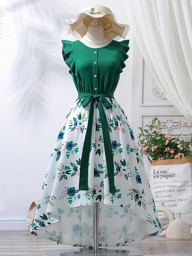 Women's Summer Floral Hi-Low Dress ,Ruffle Sleeve Green Dress with Belt, Casual Boho High Waist Long Dresses