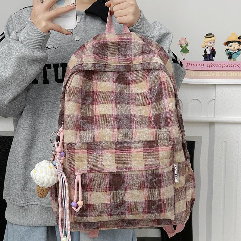 Schoolbag Japanese ins autumn and winter retro plaid schoolbag female British college style college student class travel versatile backpack