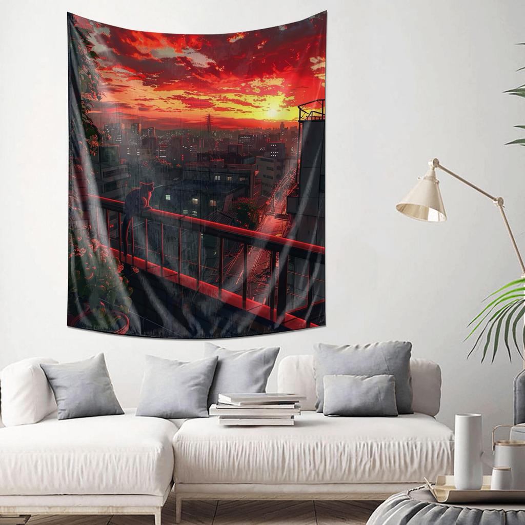 City Sunset Landscape Tapestry  Romantic Scenery Wall Hanging Decor