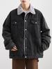 2025 Men's Autumn/Winter Denim Jacket with Faux Rabbit Fur Collar, Cotton Texture, Fleece-Lined, Washed Finish.