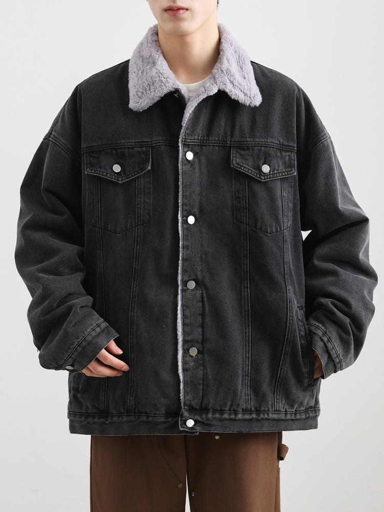 2025 Men's Autumn/Winter Denim Jacket with Faux Rabbit Fur Collar, Cotton Texture, Fleece-Lined, Washed Finish.