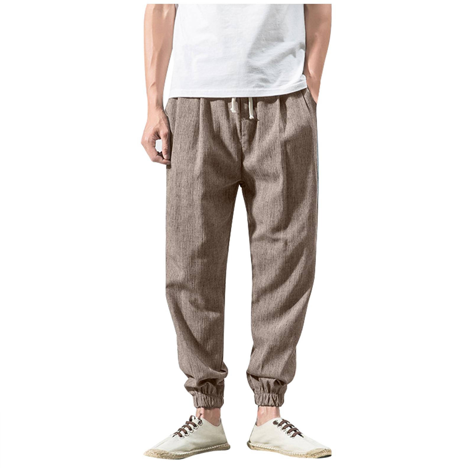 

Винтажные повседневные брюки из хлопка и льна, мужские однотонные модные свободные брюки M
