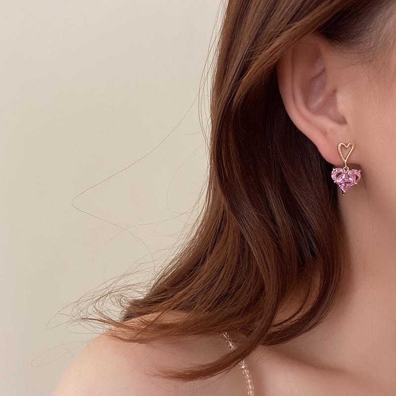 Pink Crystal Heart Earrings with 925 Silver Studs - Elegant Niche Design for Girls