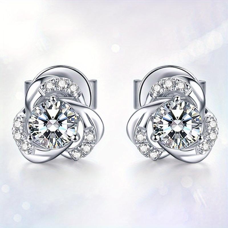 1 Pair of Flower Inlaid Synthetic Zircon Earrings, Fashionable Flower Earrings