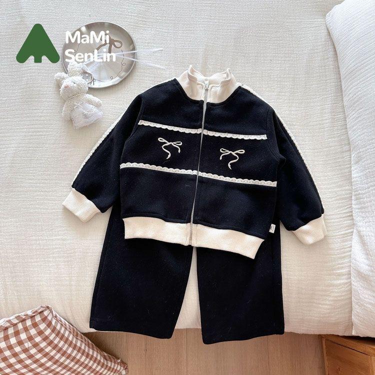 Girls Spring Autumn Casual Two Piece Set With Bow Tie Jacket And Pants Stylish Kids Clothing Outfit For Little Girls