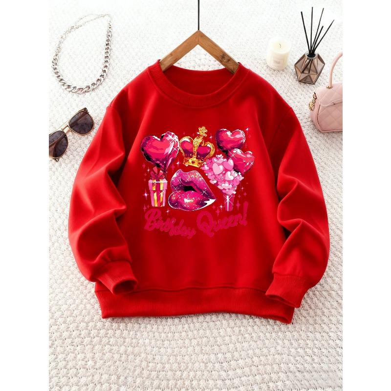 Girls Round Neck Sweatshirt with Birthday Queen Print, Heart, Crown, Gift, and Lips Pattern 110 красный