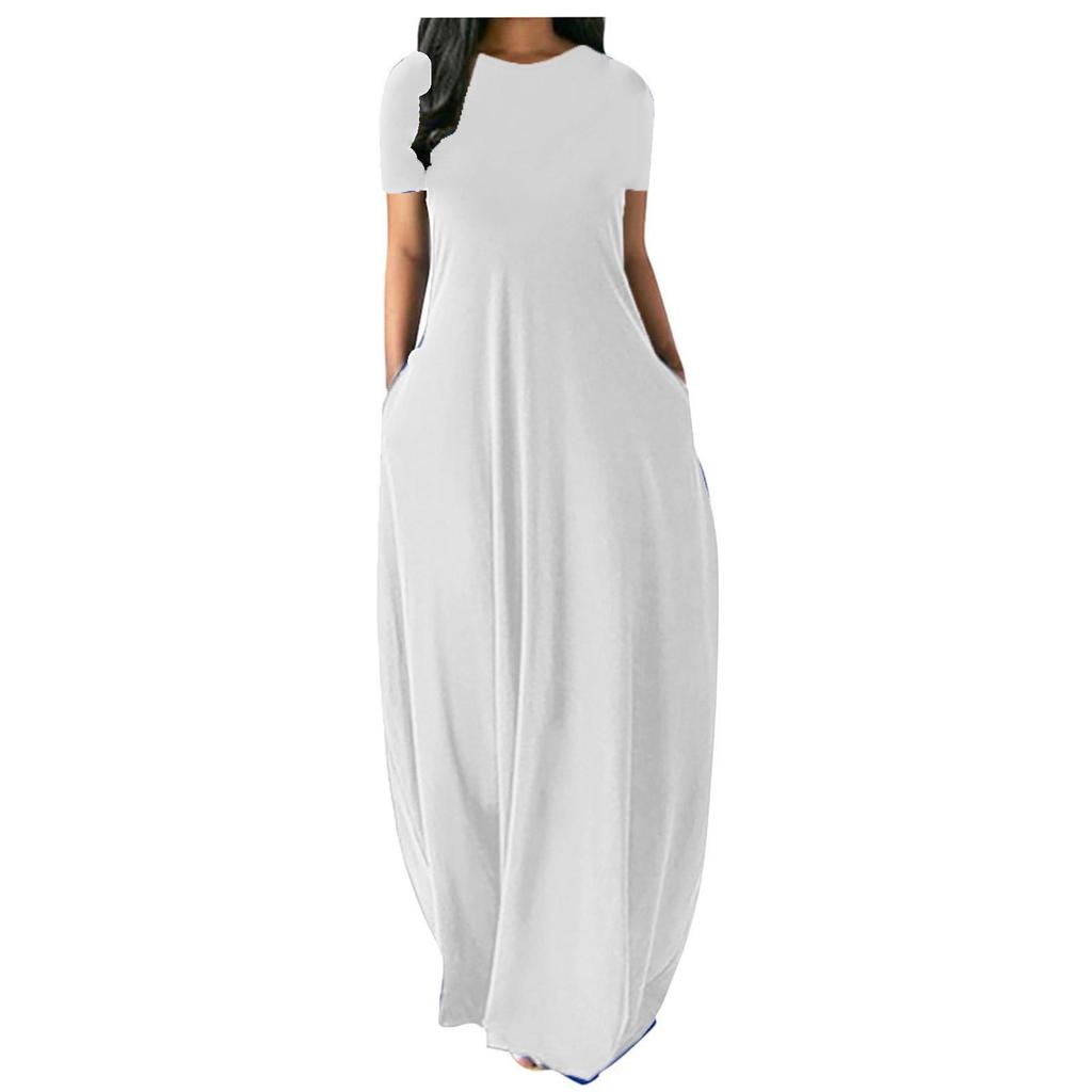Plus Size Women’s Solid Color Round Neck Pocket Maxi Dress – Short Sleeve, Loose Fit
