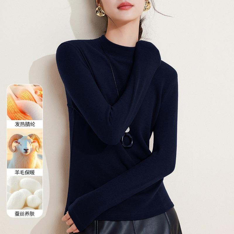 Autumn and Winter Mid-neck Wool Silk Thermal Underwear Women's Thickened Fleece Bottoming Shirt Warm Fleece Heating Autumn Clothes Top