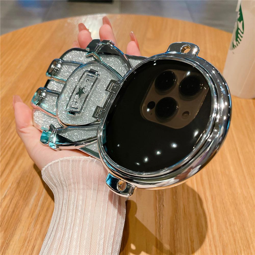 Glitter Astronaut Clear Phone Case For iPhone 16 15 14 Plus 13 12 11 Pro Max Crossbody Mirror Stand Cover