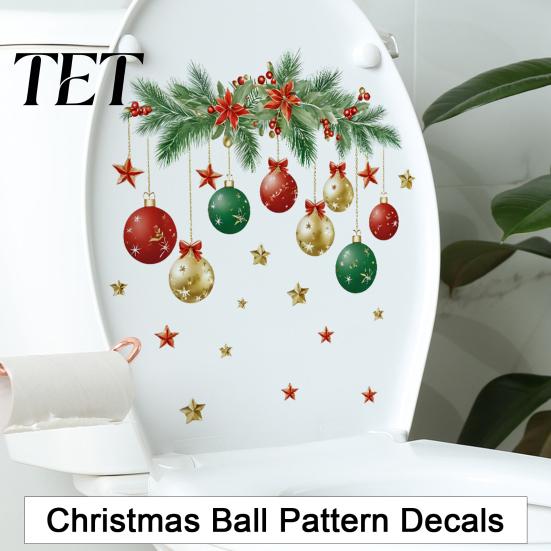 Christmas Theme Decor Sticker Ball Toilet Sticker, Removable Bathroom Wall Decoration Decal, Peel Stick Decal Waterproof Lid for Holiday Party Pattern