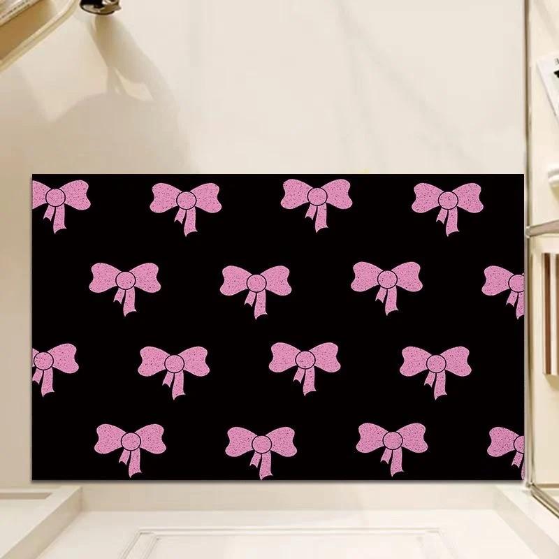 Black and Pink Bow Shaped Entrance Mat Advanced Simple Girls Bedroom Decoration Bathroom Kitchen Living Room Non Slip Mat