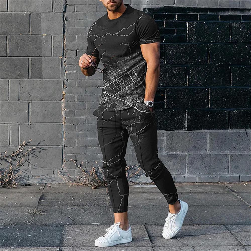 Men's Trousers Tracksuit 2 Piece Set Fashion Sportswear Summer Streetwear Short Sleeve T Shirt+Long Pants Male Clothing