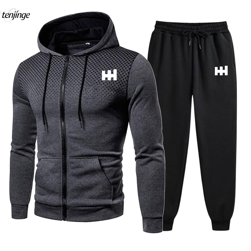 

Мужской спортивный костюм, лидер продаж, модный повседневный комплект с принтом, куртка с капюшоном на молнии + брюки для бега, комплект для ежедневной активности 2XL серый