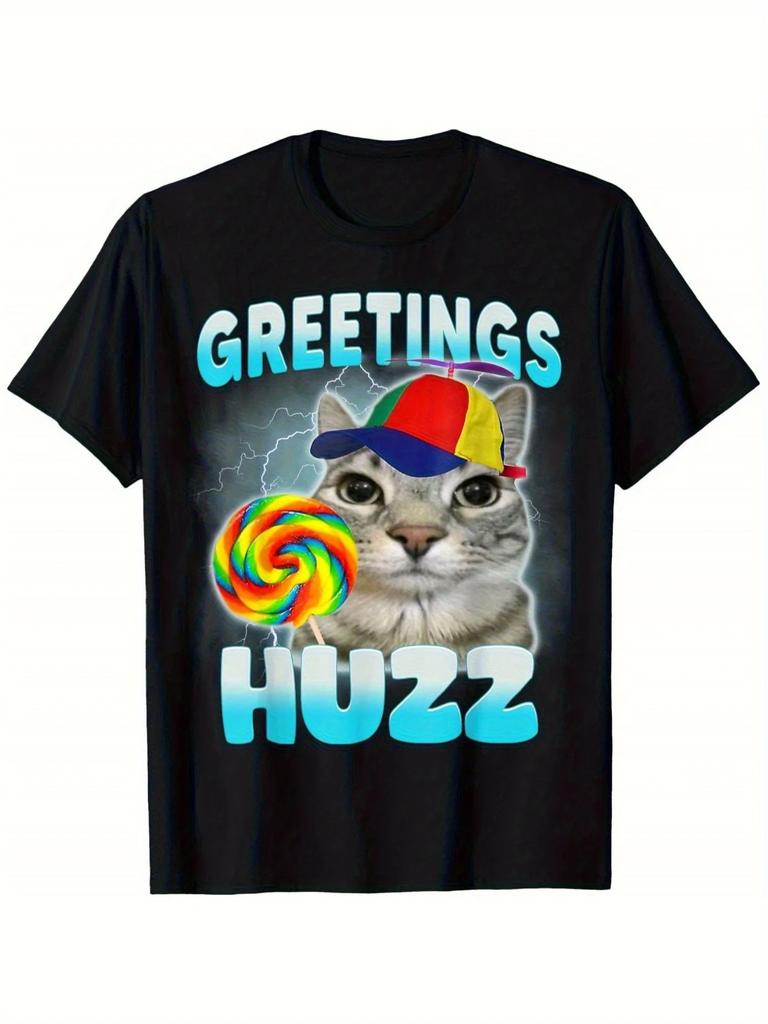 Hälsningar Huzz Rolig Katt Meme T-shirt - Mjuk Andningsbar Rundhalsad T-shirt med Regnbågsgodisklubba & Partyhatt Design