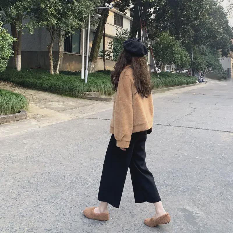 Women's Loose Woolen Wide-Leg Pants - Nine-Point Length, Autumn/Winter, Casual Drape, Small Size, All-Match, Grandma Style