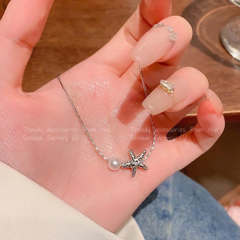 Simple Starfish Pearl Necklace Women's Unique Design Clavicle Chain