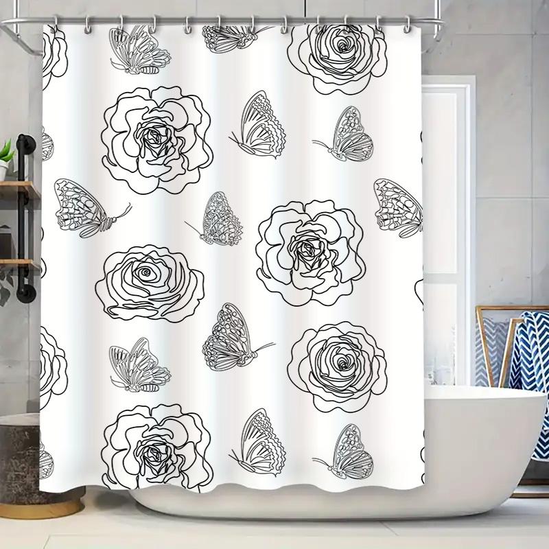 White Flower Butterfly Print Shower Curtain Waterproof Bathroom Decoration Home Decorations for Bathrooms White 120x72in (304*18