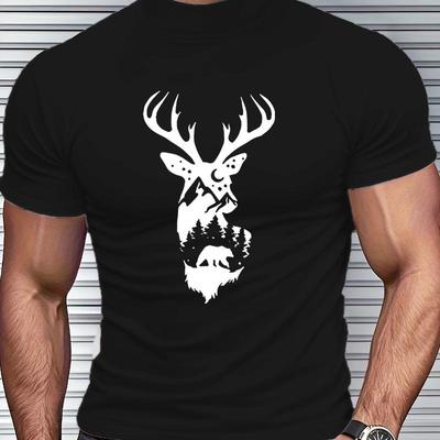 Nature Scene Deer Silhouette T-Shirt,Soft Breathable & Fade-Resistant, Classic Fit for Daily Casual Wear