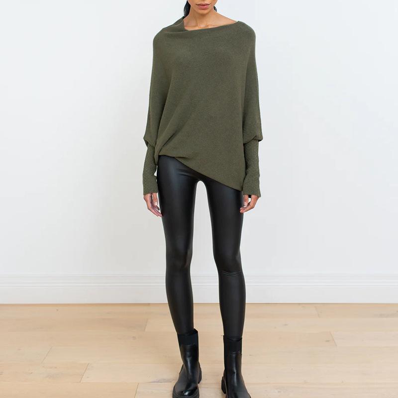 Solid Color Round Neck Ruched Pullover - European & American Style, Long Sleeve, Comfortable Knit