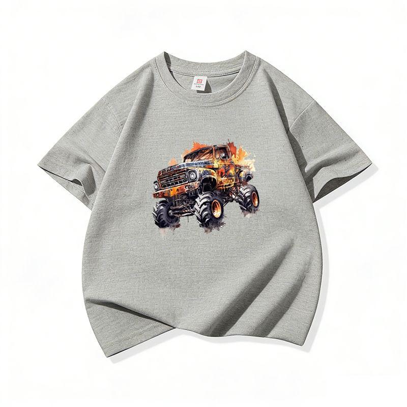 Kids Cotton T Shirt Vintage Watercolor Offroad Truck Print Crew Neck Short Sleeve Tee Casual Breathable Boys Girls Summer Tops