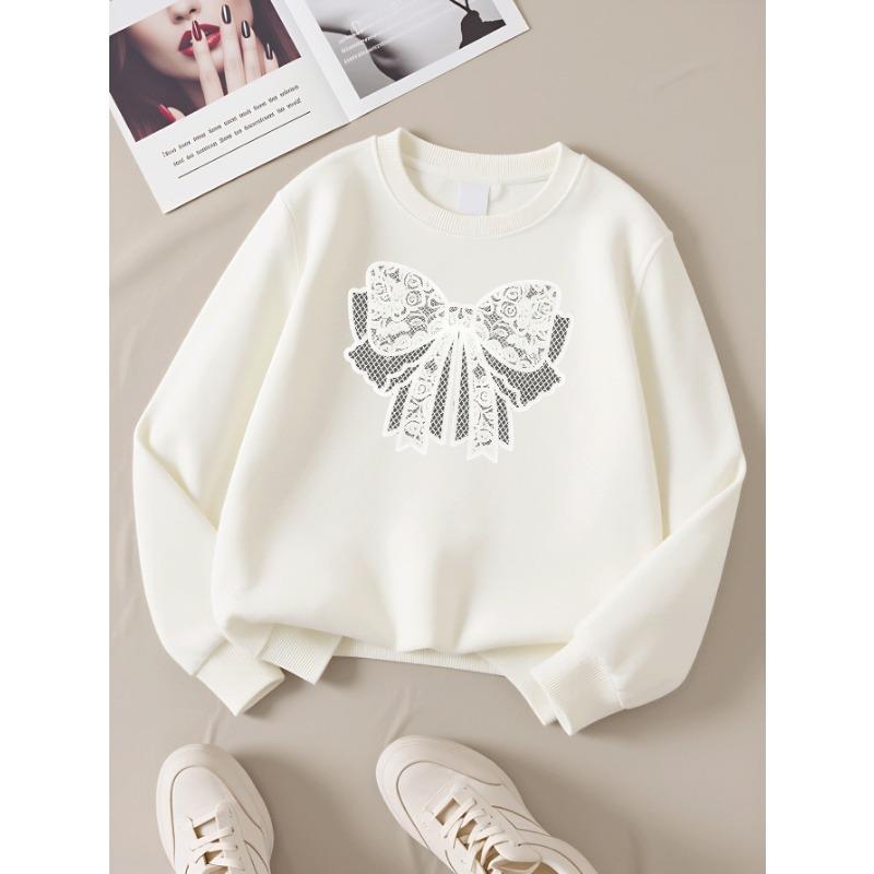 European sizes Girls Crew Neck Sweatshirt Lace Bow Pattern, Soft Cozy Pullover, Warm Casual for Autumn & Winter.