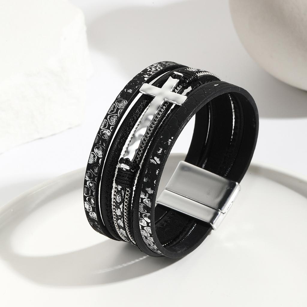 Vintage Cross Leather Bracelet for Women Multilayer Chain Braided Wrap Religious Jewelry Accessories