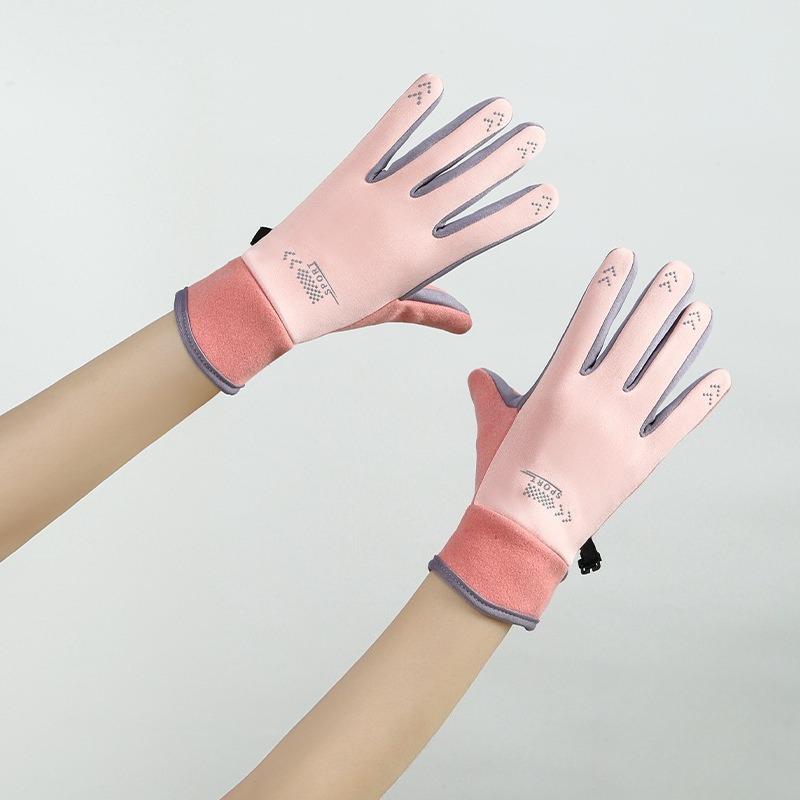 Women s Autumn and Winter Velvet Warm Outdoor Cycling Sports Anti Slip Waterproof and Cold Proof Touch Screen Gloves розовый